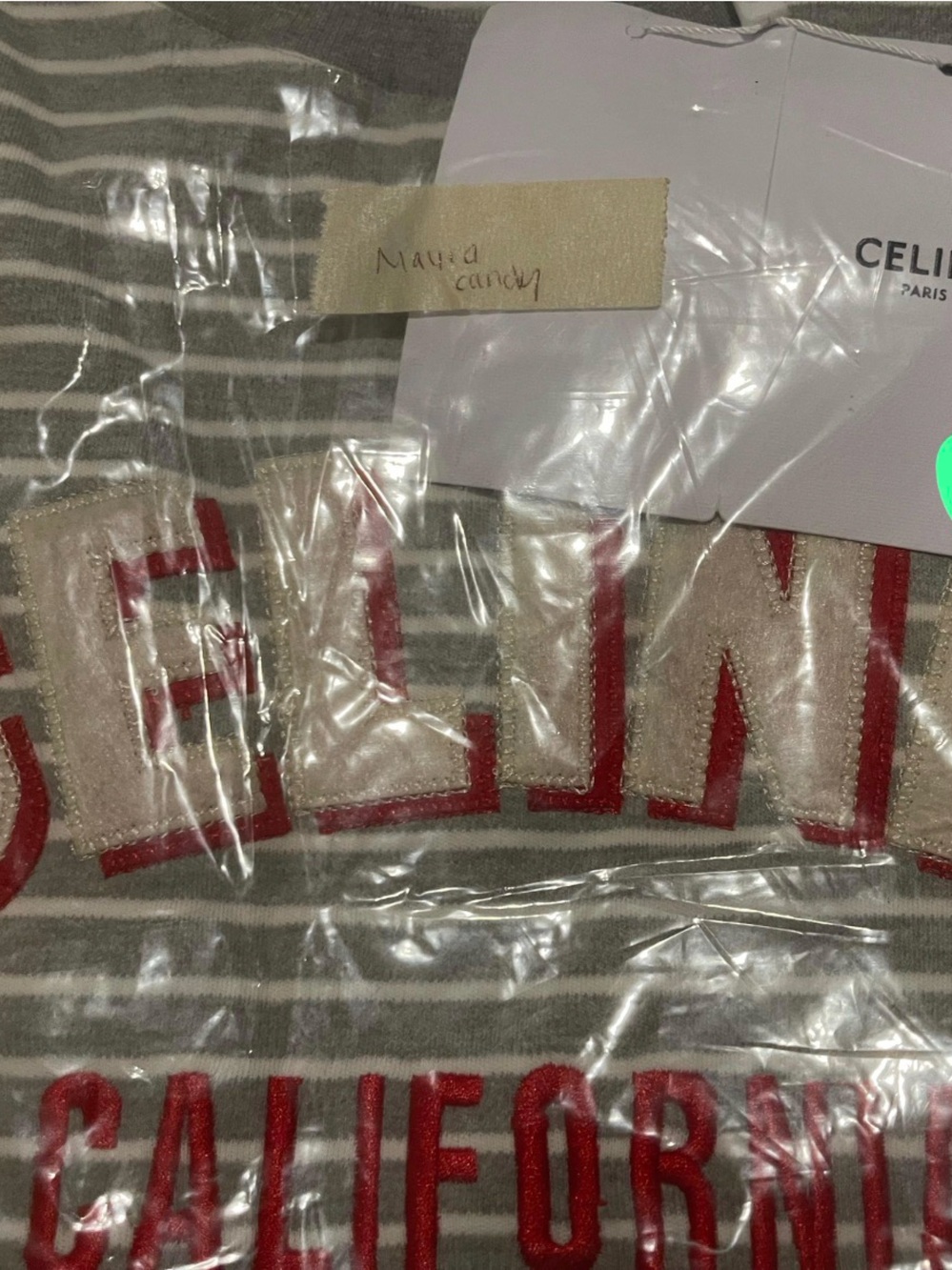Celine Gray & Red Striped Logo Tee with California Script